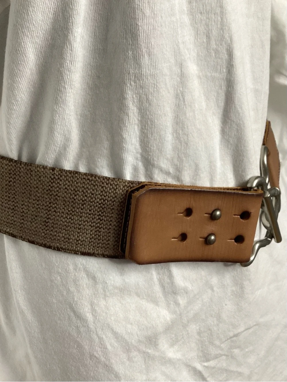 Fossil Brown Leather-Trim Canvas Belt with Sculpted Silver Hook L-XXL